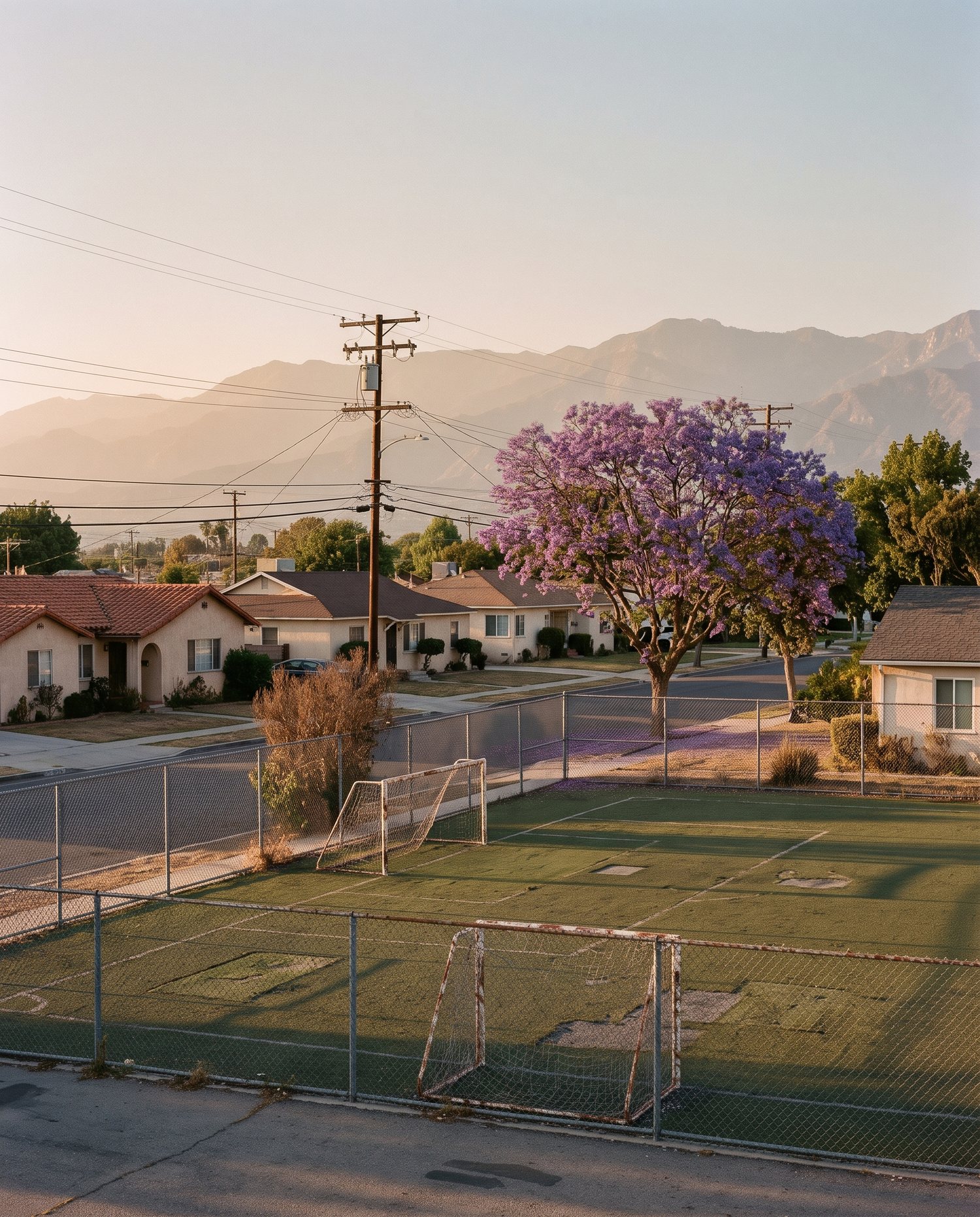 A community football pitch in Southern California at golden hour